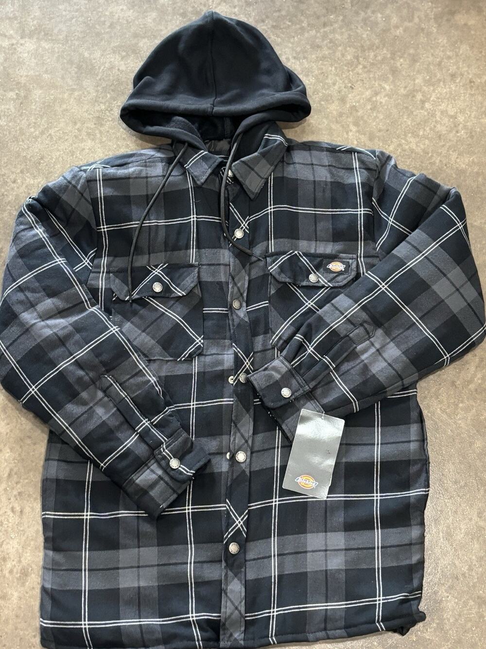 Dickies Mens Small Hooded Flannel Shirt Jacket Black Gray Plaid Quilted Shacket